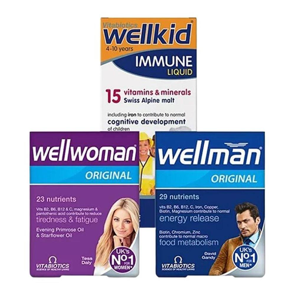 Vitabiotics Wellwoman & Wellman & Wellkid Liquid - Anne, Baba ve 4-10 Yaş Çocuk Paketi
