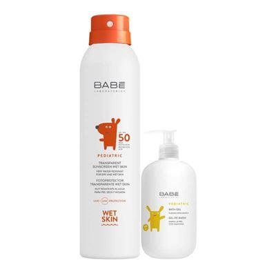 Babe Pediatric Trasparent Sunscreen Wet Skin SPF50 Güneş Koruyucu Sprey 200ml + Banyo Jeli 100ml Hediye