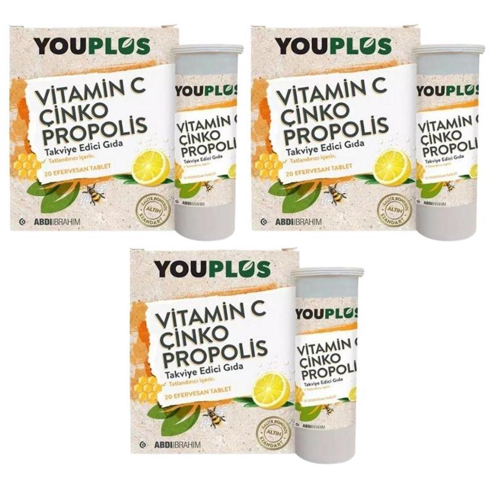 Youplus Vitamin C Çinko Propolis Takviye Edici Gıda 20 Efervesan Tablet X3 Adet