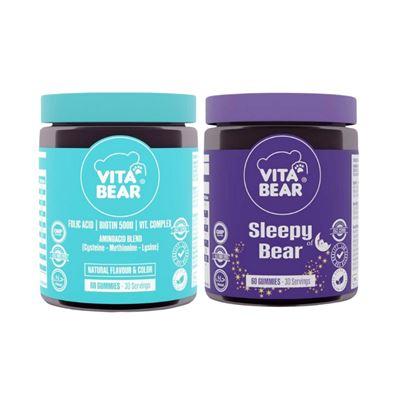 Vita Bear Sleepy Bear Melatonin İçeren Çiğnenebilir Takviye Edici Gıda 60 Adet + Strong Hair Gummy Vitamin - Biotin İçeren Çiğnenebilir Saç Vitamini 60 Adet